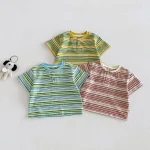【73-120cm】半袖Tシャツ ベビー 男の子 ボタン付き ボーダー - 画像 (2)