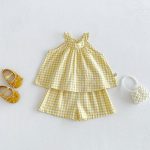 【73-110cm】セットアップ イエロー チェックトップス&ブルマ - 画像 (2)