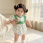 【66-90cm】ロンパース グリーン花 パフスリーブ - 画像 (2)