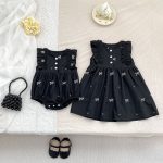 【90-130cm】ロンパースorワンピース 蝶結び柄 ブラック 姉妹服 - 画像 (2)