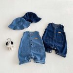 【66-90cm】オールインワン&帽子 デニム ノースリーブ カジュアル ベビー服