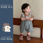 【73-100cm】半袖Ｔシャツorパンツ ストライプ オーバーオール お出かけに - 画像 (2)