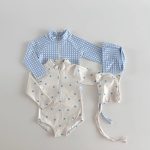 【66-100cm】水着 チェック柄 ドット柄 長袖 日焼け止め 帽子付き スイムウェア - 画像 (2)