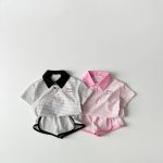 【80-130cm】セットアップ ストライプ 半袖 ポロシャツ+ショートパンツ - 画像 (4)