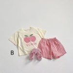 【80-130cm】セットアップ キッズ服 フルーツ柄 トップス&チェックショートパンツ - 画像 (4)