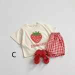 【80-130cm】セットアップ キッズ服 フルーツ柄 トップス&チェックショートパンツ - 画像 (5)
