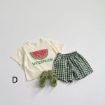 【80-130cm】セットアップ キッズ服 フルーツ柄 トップス&チェックショートパンツ - 画像 (6)