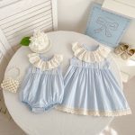 【66-130cm】ロンパースorワンピース フリル襟 ブルー 姉妹服 - 画像 (2)