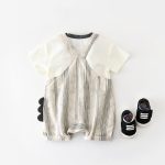 【73-100cm】セットアップ ストライプ 恐竜 サロペット&シャツ - 画像 (5)