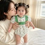 【66-90cm】ロンパース グリーン花 パフスリーブ - 画像 (4)