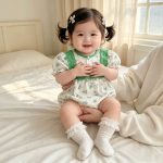 【66-90cm】ロンパース グリーン花 パフスリーブ - 画像 (3)