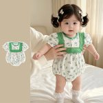 【66-90cm】ロンパース グリーン花 パフスリーブ - 画像 (5)