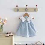 【66-90cm】ロンパース ブルー ストライプ シンプル 女の子