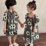 【80-150cm】セットアップorワンピース ブラック花 おしゃれ 兄妹お揃い