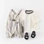 【73-100cm】セットアップ ストライプ 恐竜 サロペット&シャツ - 画像 (4)