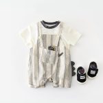 【73-100cm】セットアップ ストライプ 恐竜 サロペット&シャツ - 画像 (2)