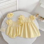 【66-130cm】ロンパースorワンピース イエロー チェック 姉妹服 - 画像 (2)