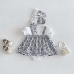 【66-90cm】ロンパース&帽子 ブルー花 レイヤード おしゃれ 赤ちゃん服