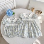 【66-130cm】ロンパースorワンピース ブルー 花柄 姉妹服 - 画像 (2)