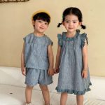 【80-150cm】セットアップ/ワンピース レトロ フリル カジュアル 兄妹お揃い - 画像 (4)