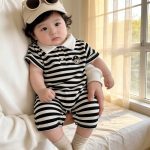 【66-90cm】オールインワン クマロゴ ボーダー ベビー服 - 画像 (5)