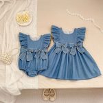 【66-130cm】デニムロンパースorワンピース 姉妹服 ダブル 蝶結び付き - 画像 (2)