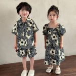 【80-150cm】セットアップorワンピース ブラック花 おしゃれ 兄妹お揃い - 画像 (4)