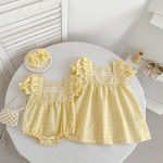 【66-130cm】ロンパースorワンピース イエロー チェック 姉妹服