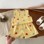 【80-130cm】セットアップ 女の子 ノースリーブ ハート・ドット柄 トップス＆ショートパンツ - 画像 (12)