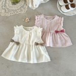 【73-100cm】トップス ベビー 無地 ダブルリボンノースリーブ