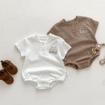 【66-90cm】ロンパース ベビー くま柄 リブラウンドネック