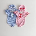 【73-120cm】水着 ハート チェック ロンパース+帽子 - 画像 (3)