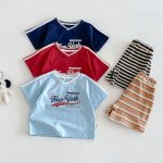 【73-120cm】半袖Ｔシャツorショートパンツ ベビー  Vネックロゴ ボーダー