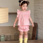 【73-110cm】 セットアップ フリルスリーブ チェック 履きやすい - 画像 (2)
