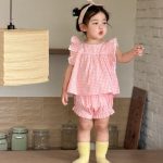 【73-110cm】 セットアップ フリルスリーブ チェック 履きやすい - 画像 (3)