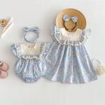 【66-140cm】ロンパースorワンピース ブルー 花柄 姉妹服 - 画像 (5)