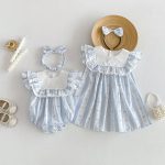 【66-140cm】ロンパースorワンピース ブルー ストライプ 姉妹服 - 画像 (4)