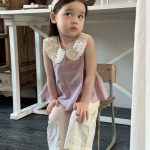 【80-130cm】トップスorパンツ 女の子 丸襟 ノースリーブ レース刺繍 - 画像 (4)