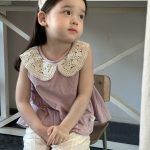 【80-130cm】トップスorパンツ 女の子 丸襟 ノースリーブ レース刺繍