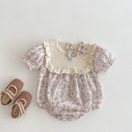 【73-100cm】ロンパース ベビー 蝶結び付き パープル花柄