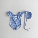 【73-120cm】水着 ハート チェック ロンパース+帽子 - 画像 (8)