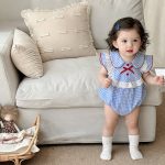 【66-90cm】ロンパース チェック レース