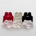 【73-120cm】セットアップ 刺繍タンクトップ＆ドット柄 ショートパンツ（3色展開） - 画像 (2)