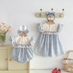 【66-140cm】ロンパースorワンピース ブルー 花柄 姉妹服 - 画像 (3)