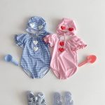 【73-120cm】水着 ハート チェック ロンパース+帽子 - 画像 (6)