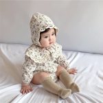 【66-90cm】長袖ロンパース レース付け 折り襟 小花柄 帽子付き - 画像 (16)