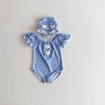 【73-120cm】水着 ハート チェック ロンパース+帽子 - 画像 (4)