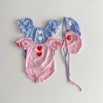 【73-120cm】水着 ハート チェック ロンパース+帽子 - 画像 (9)