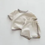 【66-100cm】セットアップ ベビー ノーカラーワッフル シンプル - 画像 (3)