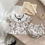 【66-90cm】セットアップ ブラック フラワー 半袖 トップス&パンツ - 画像 (3)